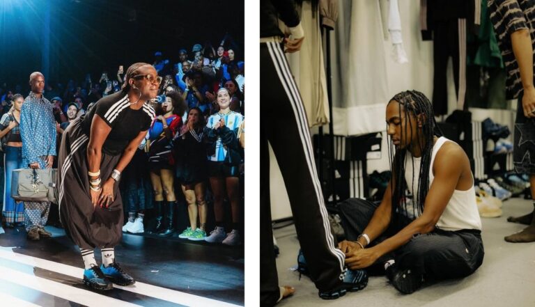 Duas cenas da apresentação da Adidas, com modelos na passarela e nos bastidores.