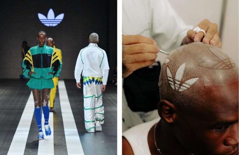 Conjunto esportivo da Adidas na passarela e detalhe de um penteado com tranças.