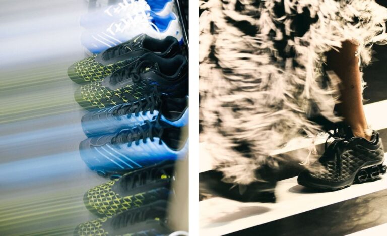 Tênis Adidas Megaride apresentados em detalhe e usados na passarela.