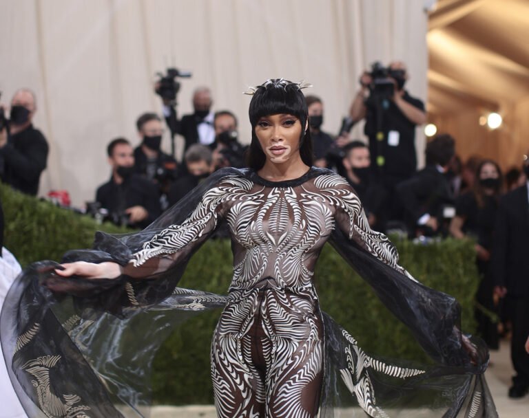 Vestido prateado estampado com tecido preto aberto dos braços no Met Gala 2021.