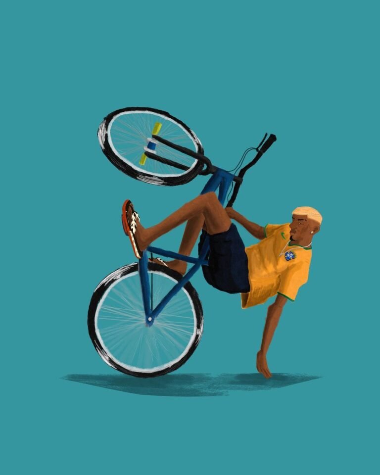 Campanha da Kenner com bicicleta suspensa e fundo azul.
