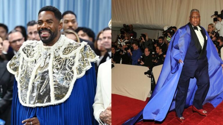 Comparação dos looks de Colman Domingo e André Leon Talley, com capas azuis.