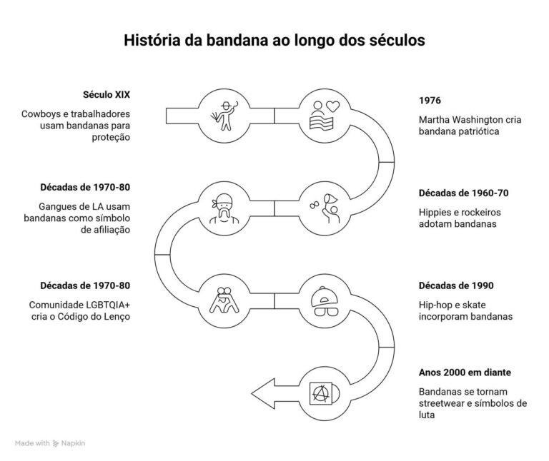 Linha do tempo da bandana, dos usos históricos aos movimentos culturais e ao streetwear.