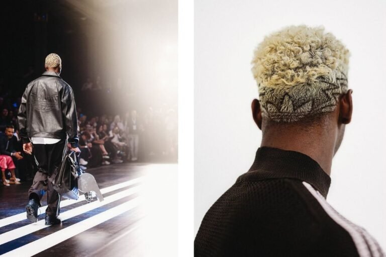 Desfile da Adidas e detalhe de um cabelo descolorido com o desenho das três listras.
