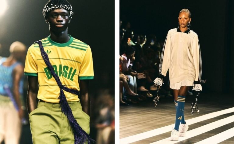Looks da Adidas na passarela, com camiseta amarela do Brasil e conjunto bege.