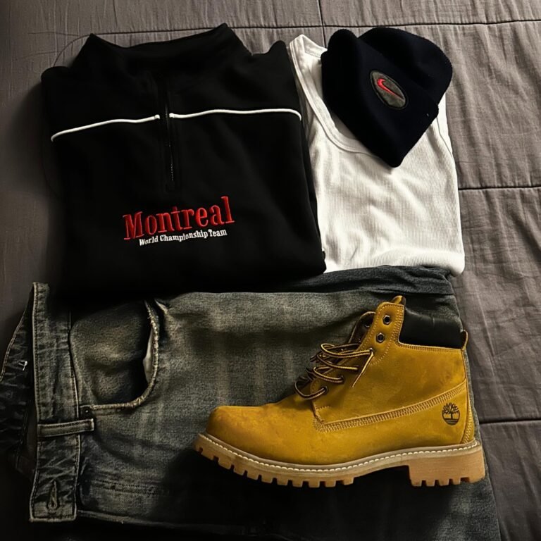 Composição de roupas com regata branca, boné preto, jeans e bota amarela.